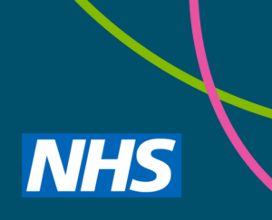 NHS logo with a blue background.