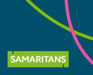 Samaritans logo with a blue background.
