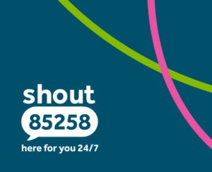 Shout logo and phone number 85258 with text 'here for you 24/7' with a blue background.