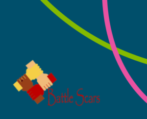 Battle Scars logo with a blue background.