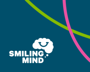 Smiling Mind logo (with a cloud) with a blue background.