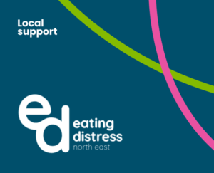 Eating Distress logo with a blue background. Text 'local support'.