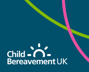 Child Bereavement logo with a blue background.