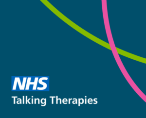 NHS logo with text 'Talking Therapies' with a blue background.